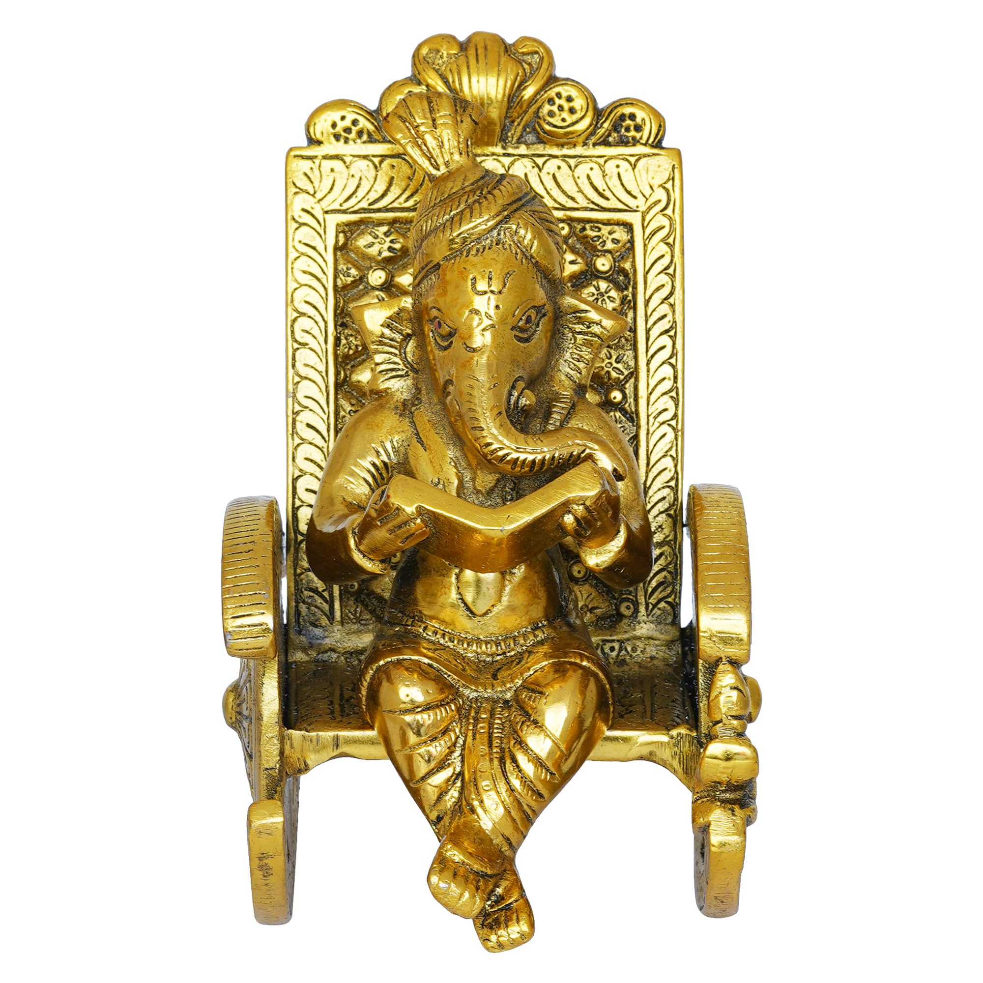 Ecraftindia Golden Metal Handcrafted Lord Ganesha Idol Reading Book On Rocking Chair - God Idol For Home Decor, Office Desk, And